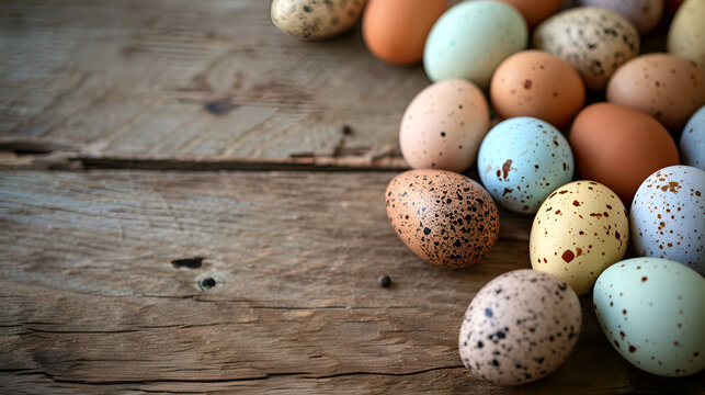 Colorful closeup image of eastern eggs front of light background with light blue surface and wooden bottom. High quality photo