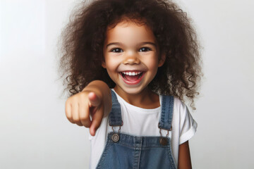 Joyful young girl with curly hair pointing finger isolated on solid white background. ai generative - obrazy, fototapety, plakaty
