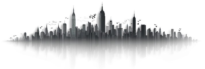 wide skyline illustration on white background, silhouette papercut houses and urban flats skyscrapers city