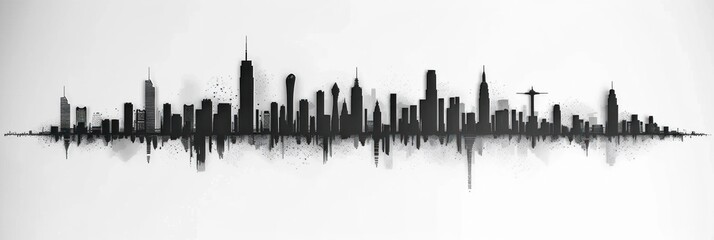 wide skyline illustration on white background, silhouette papercut houses and urban flats skyscrapers city