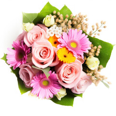 Colorful bouquet on white background shot from above