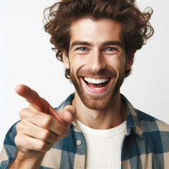Joyful young man with curly hair pointing finger isolated on solid white background. ai generative