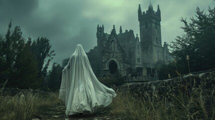 White female ghost silhouette. Beautiful scary horror scene. Mystery cloak man outside old ancient gothic castle. Creepy woman shadow. Girl spirit walk outdoor. Mysterious person stroll at cemetery. - obrazy, fototapety, plakaty