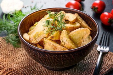 Tasty baked potatoes in a rustic way with spices and herbs in a brown deep plate