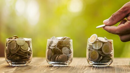 Coin in clear jar and piggy bank (Home Model) on green nature blur background. Money savings for...
