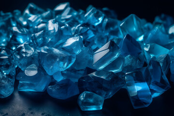 Close-up shot of blue crystal piles, dramatic lighting, intense blue hues, magic atmosphere
