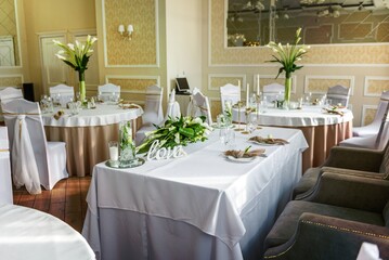 Beautiful decoration of the wedding holiday with flowers and greenery with florist decoration