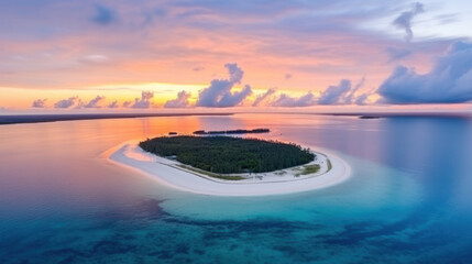 Aerial view of beautiful tropical island at sunset or sunrise