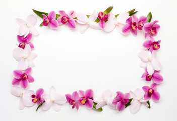 Fototapeta na wymiar Rectangular frame with pink and white orchid flowers, white background