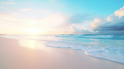 Fototapeta na wymiar Tropical beach with clear water and white sand, sunrise, pastel colors