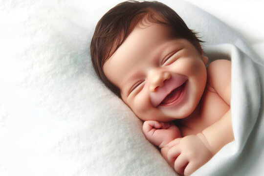 newborn baby smiling isolated on solid white background. ai generative