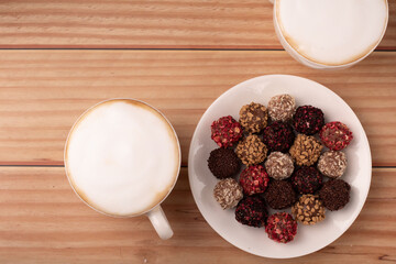 photography, candy, chocolate truffle, sweet, cup, cappuccino, choice, dessert, assorted, white, plate, tasty, food, cafe, delicious, aroma, background