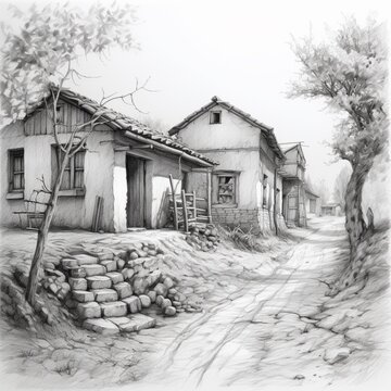 Pencil sketch old traditional village houses image Generative AI