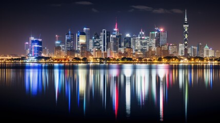 Nighttime cityscape with illuminated buildings mirrored in calm water.