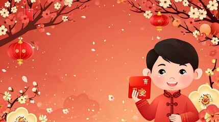Chinese New Year background with the happy boy holding red envelope in hands