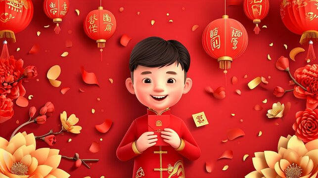 Chinese New Year background with the happy boy holding red envelope in hands