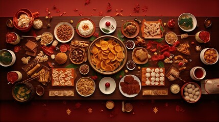 Chinese New Year foods on the table, top view