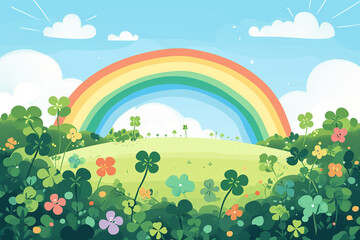 A whimsical shamrock field under a rainbow, St Patrick’s Day drawings, flat illustration