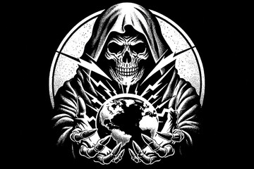 Skull electrocuting an Earth globe with his hands isolated on a black background