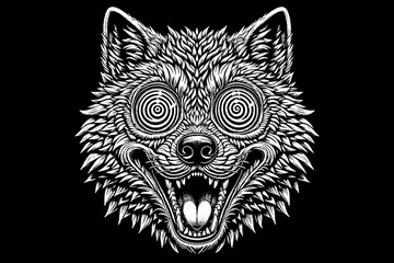 shocked wolf face with hypnotized eyes isolated on a black background