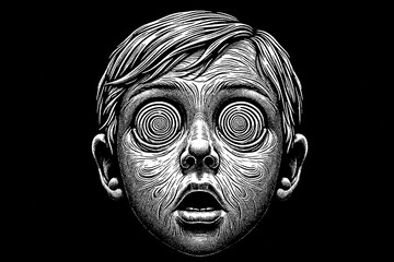shocked kids face with hypnotized eyes isolated on a black background - obrazy, fototapety, plakaty