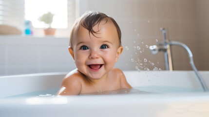 A cute baby with sparkling eyes and a contagious smile, is delightfully immersed in bath time in a cozy bathtub.