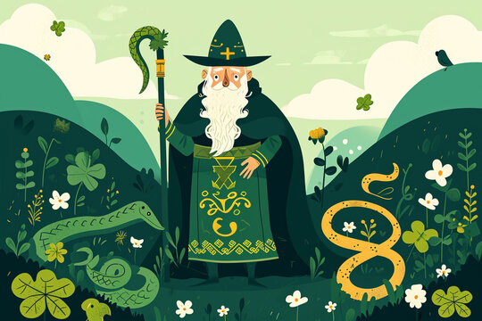 A scene depicting the legend of St Patrick driving the snakes out of Ireland, St Patrick’s Day drawings, flat illustration