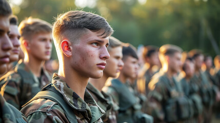 A group of young soldiers standing in the background of a summer camp and listening attentively to the speaker. Election marathon, future presidential elections