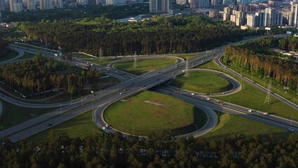 Aerial view of a busy motorway interchange with a lot of traffic