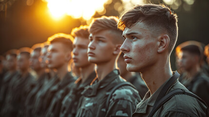 A group of young soldiers standing in the background of a summer camp and listening attentively to the speaker. Election marathon, future presidential elections - obrazy, fototapety, plakaty
