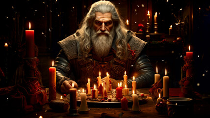Old white sorcerer sitting at the table with candles