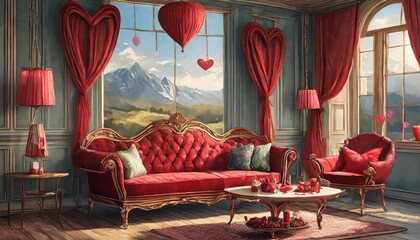 valentines day themed interior with red sofa and home decor - obrazy, fototapety, plakaty