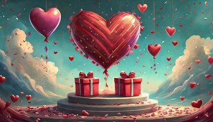 happy valentines day podium decoration with heart shape balloon gift box confetti 3d rendering illustration