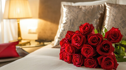 Bouquet of Red Roses on bed, valentines day, date, romantic
