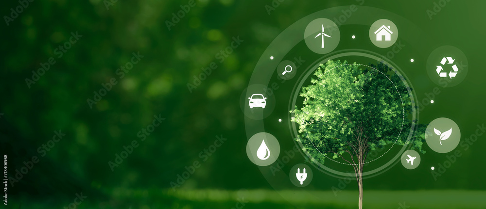 Wall mural Eco symbols around green tree. Ecology concept