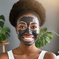 Black skin mask, healthy woman and happy skin