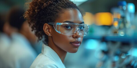A confident and serious black woman scientist wearing glasses in a laboratory setting.