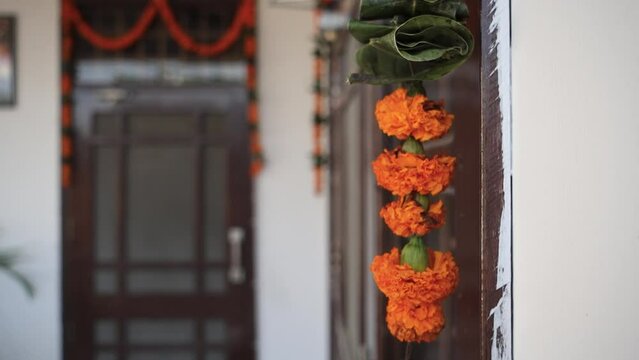 A decorated home with marigold flowers or genda phool garlands during the festive season. Uttarakhand India.