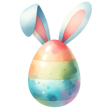 Easter egg with bunny ears watercolor illustration. Generative AI. 
