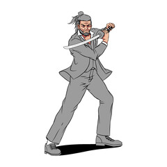 illustration of a mafia in a suit posing wielding a samurai sword