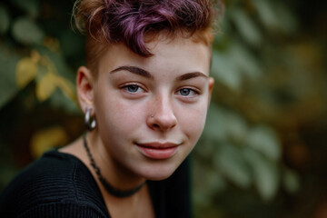 A vibrant portrait of a young non-binary person with purple hair and a confident gaze, set against a natural, blurred background - 713407782