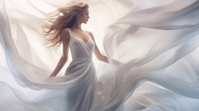 woman dancing with long silk fabric flying in the wind
