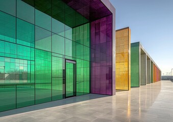Pabellones de exposiciones, múltiples colores fuertes, verde, violeta, amarillo, de concreto, cemento y paneles de cristal de gran altura, espacios modernos para futuras exhibiciones, espacio copy,  - obrazy, fototapety, plakaty