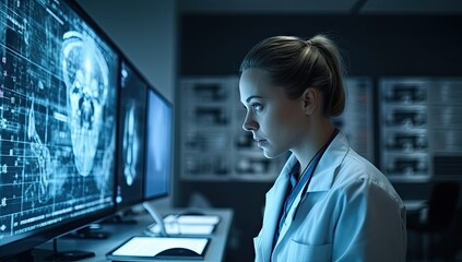 A dedicated scientist intently studies data on her computer monitor, surrounded by the latest technology and dressed in a pristine lab coat, her determined expression reflecting her passion for disco