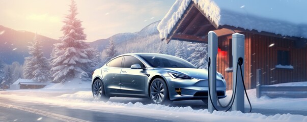 electric car is parked at a charging station in the snow - obrazy, fototapety, plakaty
