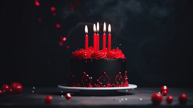 A dramatic black birthday cake adorned with red candles and decorations, offering a gothic celebration vibe.