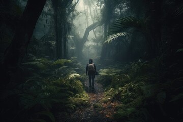 As the fog enveloped the old-growth forest, a lone hiker wandered among the towering trees and lush green plants, taking in the serene and enchanting landscape of the woodland - obrazy, fototapety, plakaty