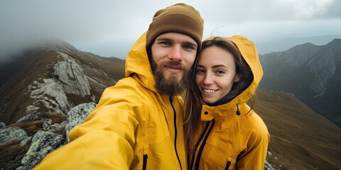 Amidst the misty winter mountains, a smiling couple captures their adventurous spirit in a selfie, clad in yellow jackets and posing against the vast sky