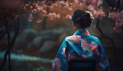 A serene woman stands among the trees, her blue kimono adorned with delicate pink flowers, embodying the beauty and grace of nature