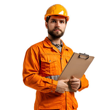 Factory worker with a clipboard isolated on white background, cinematic, png
